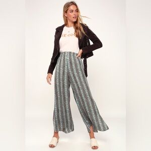Free People Take Your Tie Off Sage Green Multi Print Wide-Leg Pant Sz Med Boho